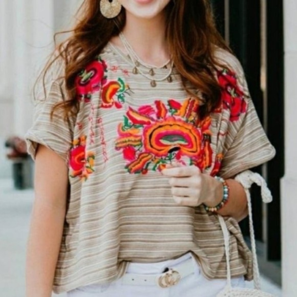 Free People Embroidered Boho Striped Short Sleeve Top Tan Pink Orange Medium